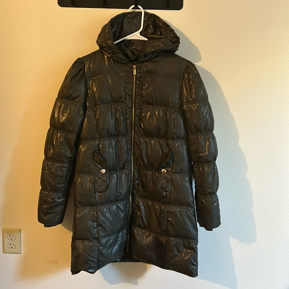 Michael Kors Brown Horizontal Full Zipper 2 Snap Pocket Long Puffer Coat.S/P
